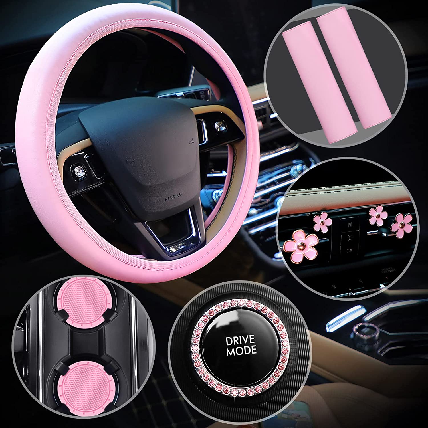 10 Pcs Leather Pink  Cute Car Accessories Set