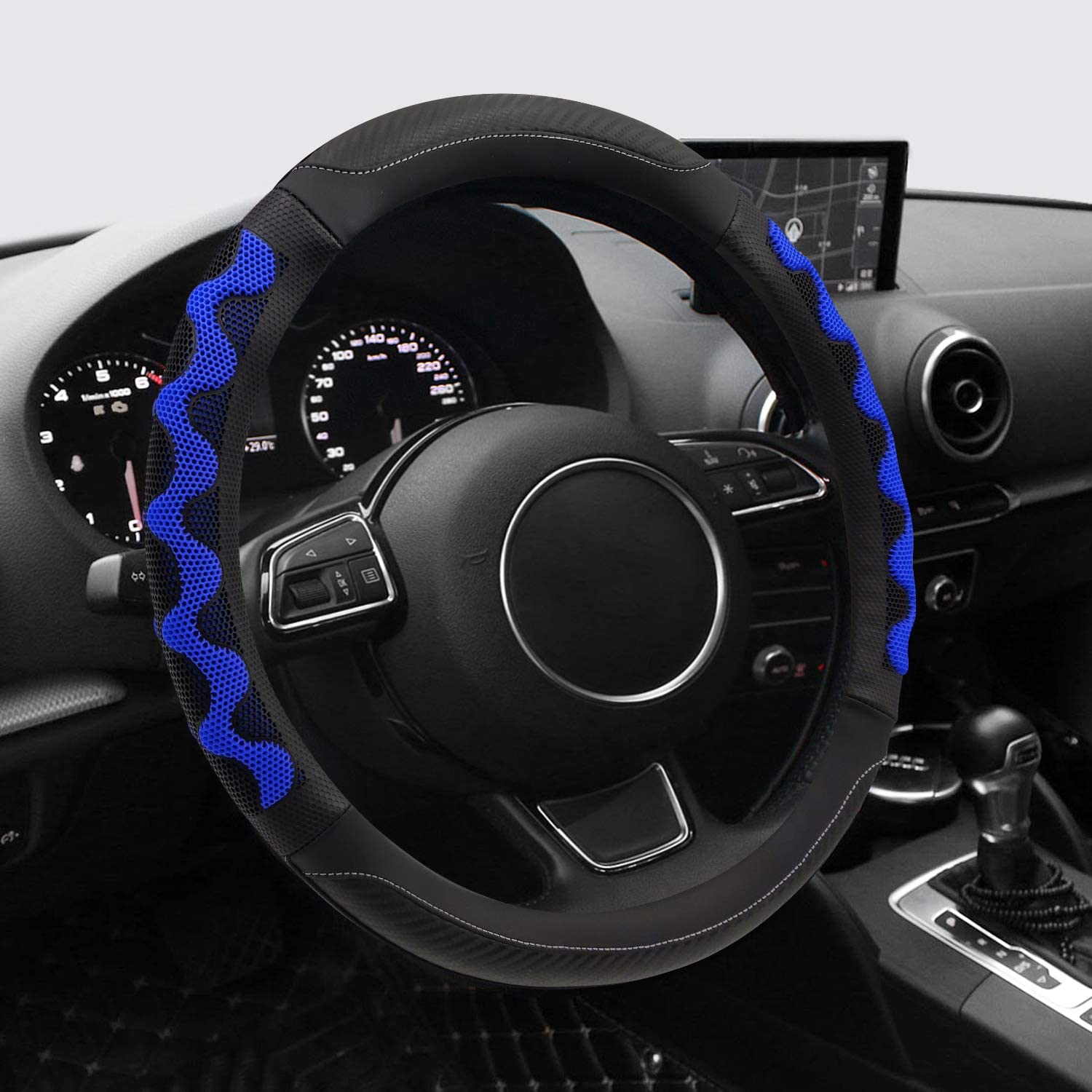 Universal Fit Leather Steering Wheel Cover with Blue Sport Grip,