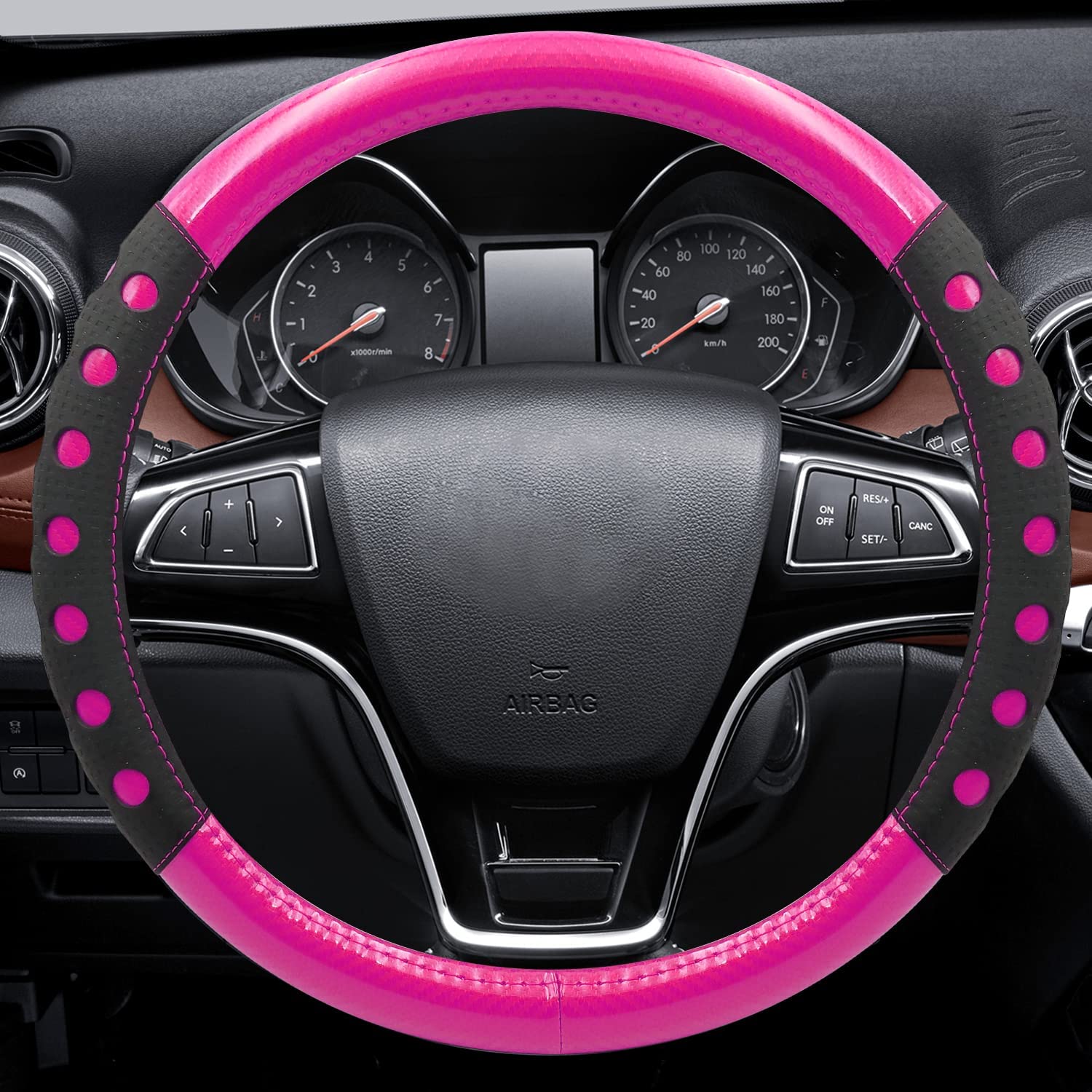 Universal Fit Leather Steering Wheel Cover with Blue Sport Grip,
