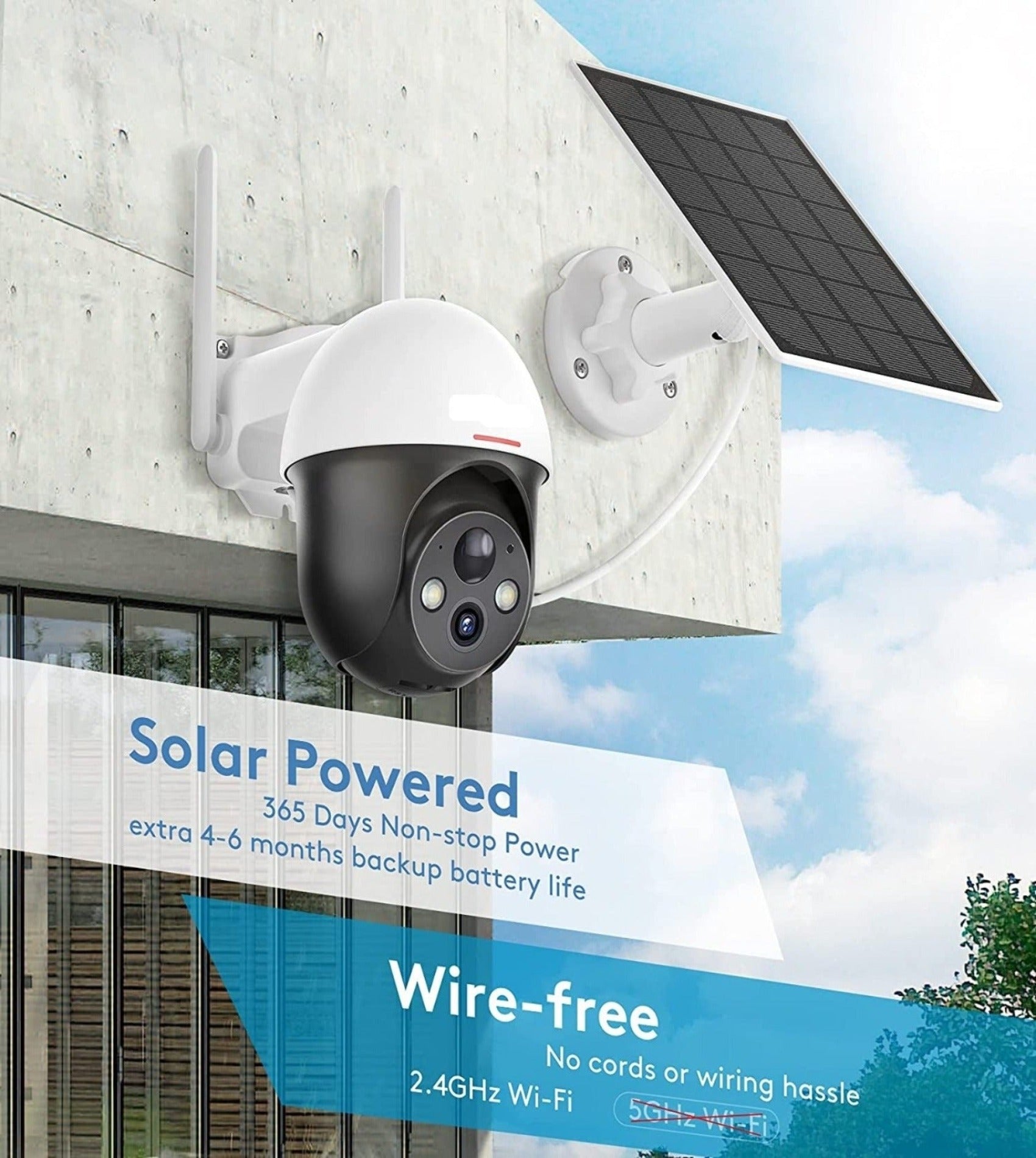 Solar Powered Security Camera WiFi 360° View Pan Tilt Strobe Light/ Spotlight with Motion Detection and Siren