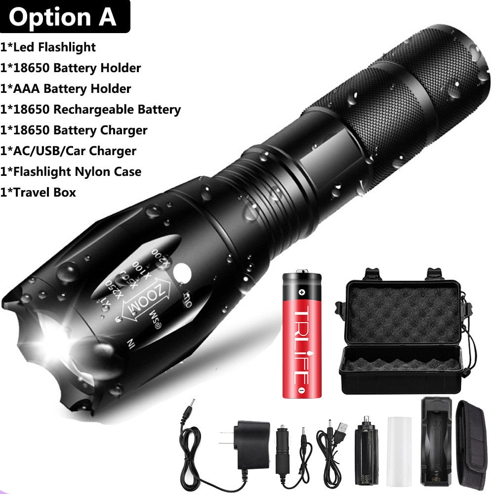 Ultra Bright V6 LED Flashlight 5 Lighting Modes Zoomable Powerful Light with 18650 Rechargeable Battery