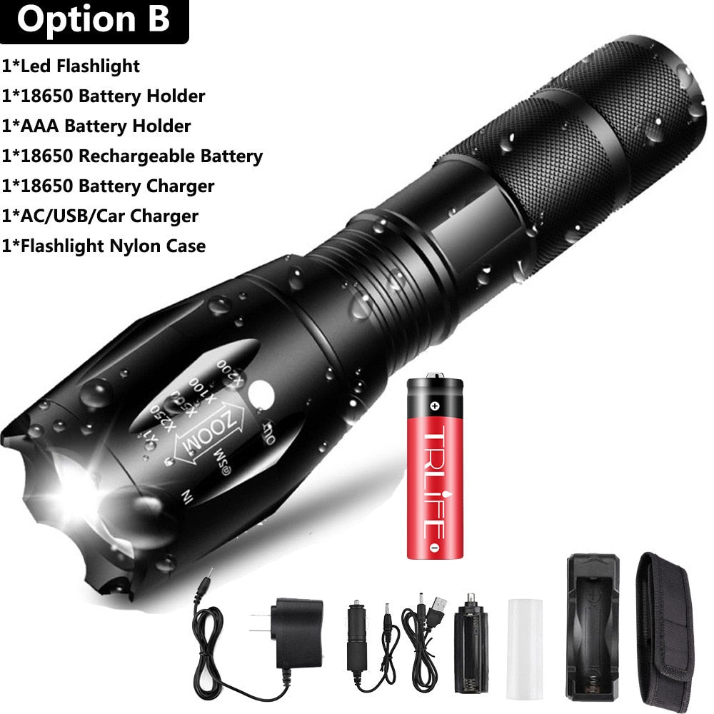 Ultra Bright V6 LED Flashlight 5 Lighting Modes Zoomable Powerful Light with 18650 Rechargeable Battery